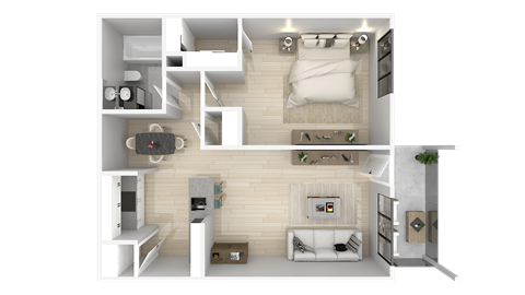 A 3D rendered image of a modern apartment layout.